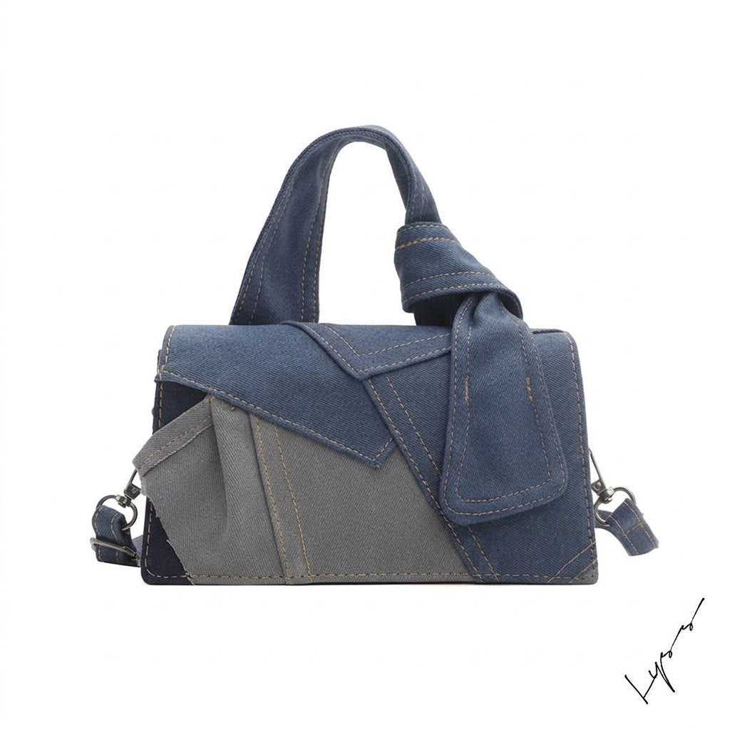 LYSS Amélie - Borsa a Mano in Denim Patchwork | Mini Bag con Nodo e Tracolla Regolabile
