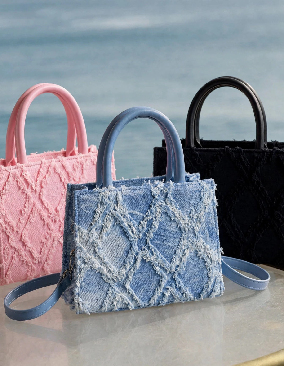 LYSS Nizza - Mini Tote Bag in Denim Diamond | Borsa a Mano con Doppio Manico e Tracolla