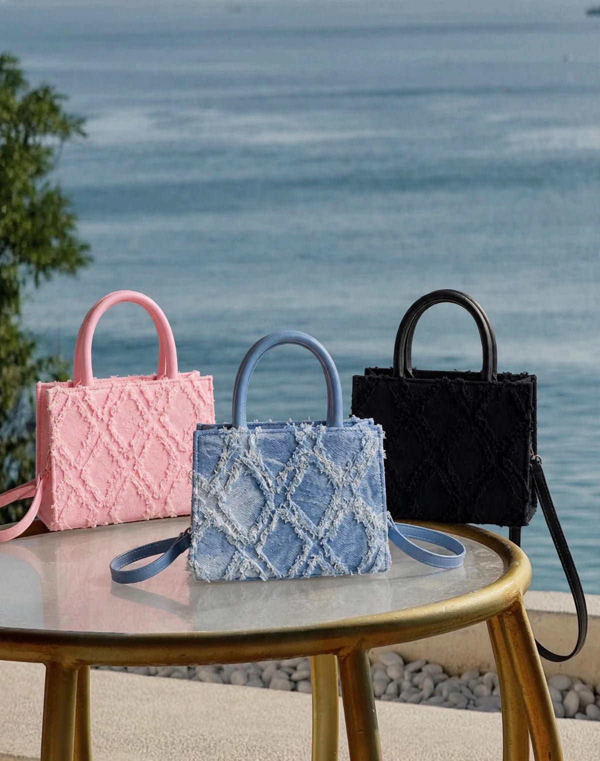 LYSS Nizza - Mini Tote Bag in Denim Diamond | Borsa a Mano con Doppio Manico e Tracolla